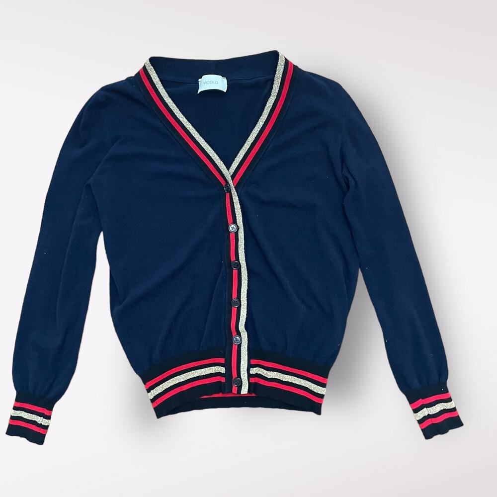 ViCOLO Cardigan Sweater Womens Size Small Blue, Red, Gold